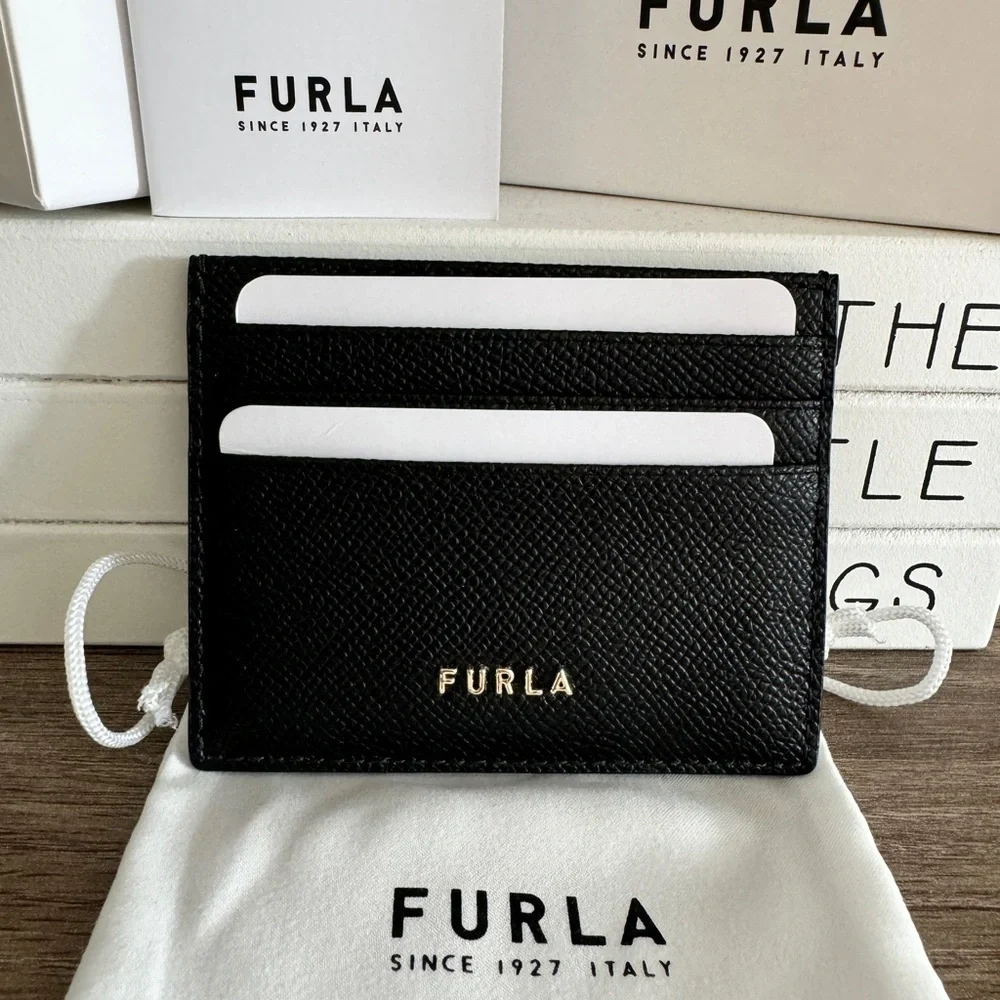 Furla Black Leather Credit Card Holder Wallet New Authentic